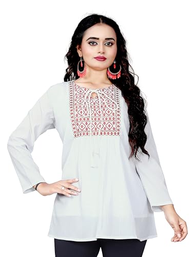 Image of Tunic for Women | Stylish Kurti Tops for Women | Casual Ethnic Kurti with Embroidered Neck Design Office Wear Trendy Kurti Top