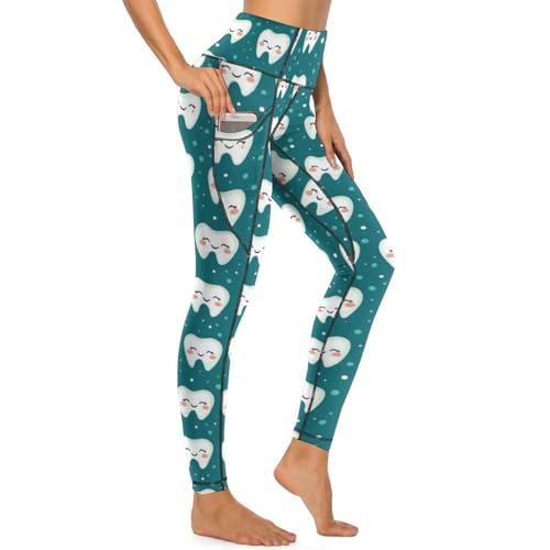 Pantalon de yoga taille haute avec poches fonctionnelles et motif dents fun