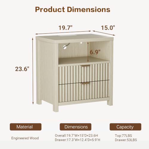 24'' Nightstand with Charging Station, Fluted Night Stand Natural White Oak | Wood Bedside Table with 2 Drawers and Open Shelf, Modern Night Table with Outlet for Bedroom - Image 3