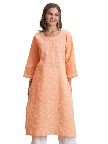 Image of Ada Women's Cotton Straight Fit Straight Hand Embroidered Lucknowi Chikankari Kurta Kurti A411165