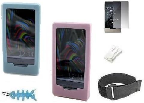 6 in 1 Accessory Combo for Microsoft Zune HD 16GB / 32GB Series: Includes Two Silicone Skin Cases (One Pink and One Blue) + Screen Protector + Belt Clip + Armband + Light Blue Fishbone Style Keychain