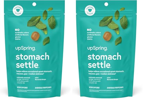 Image of UpSpring Stomach Settle Drops for Occasional Nausea Relief /Upset Stomach with Ginger, Lemon, Spearmint, and B6. Mint Flavor Drops, 28 Ct (Pack of 2)