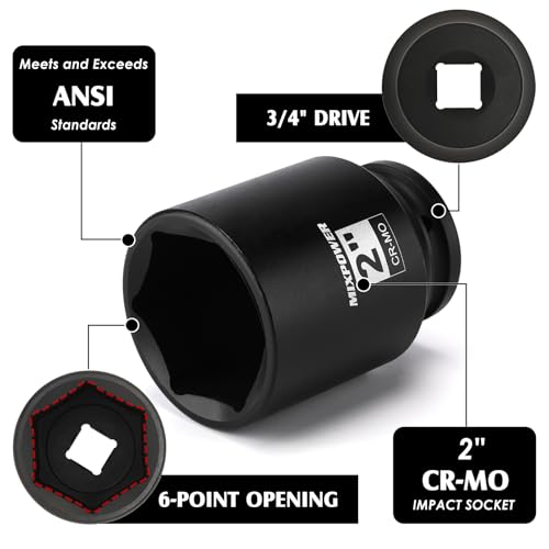 Image of MIXPOWER 3 /4 inch Drive Deep Impact Socket, CR-MO, 2 inch, SAE, 6 Point, Axle Nut Impact Grade Socket for Easy Removal