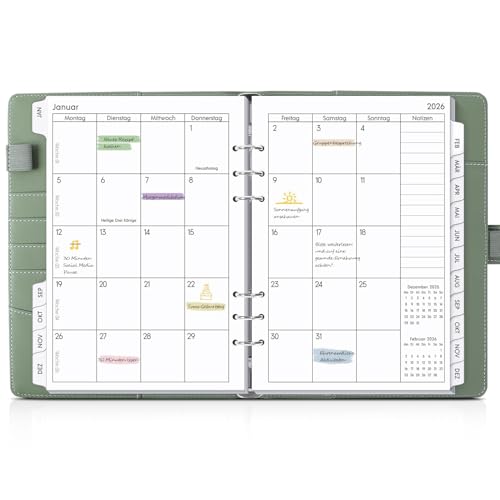 SKYDUE Agenda A5, à anneaux, rechargeable, format A5, de septembre 2025 à décembre 2026, agenda 2026, parfait pour les étudiants et les professionnels, vert olive