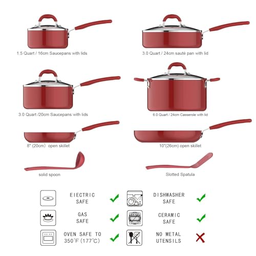 Image of Amazon Basics Non-Stick Cookware Set, Pots and Pans with Lids, Aluminum, Dishwasher Safe, Oven Safe, Red, 12-Piece