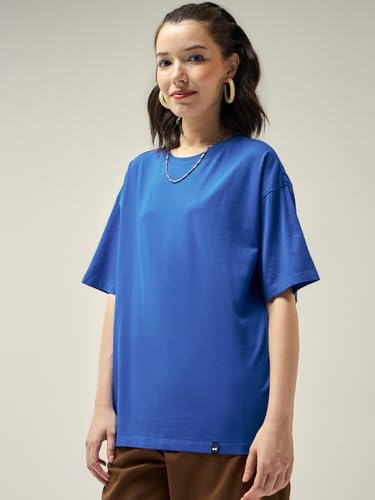 Image of Bewakoof Women's Solid Oversized Fit Half Sleeve Round Neck Cotton Jersey T-Shirt