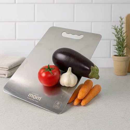 Image of SUPERMOM Chopping Board 228 x 330 mm - Stainless Steel Cutting Board for Vegetables, Fruits, Meat & Cheese - Durable, 1.5mm Thick & Non-Slip Kitchen Chopping Board for Cooking & Food Prep (Pack of 1)