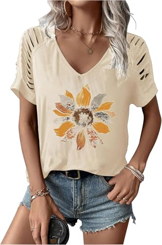 Womens Cut Out V Neck T-Shirts Boho Floral Graphic Tee Summer Cold Shoulder Tops Cute Wildflower Short Sleeve Blouse