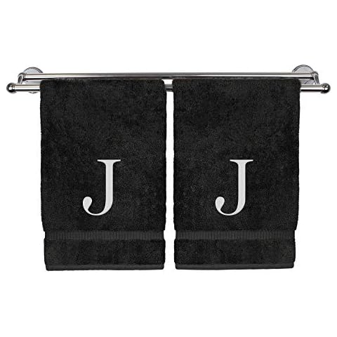 Monogrammed Hand Towel, Personalized Gift, Set of 2- White Block Letter Embroidered Towel - Extra Absorbent 100% Turkish Cotton - Soft Terry Finish - Initial J Black Cover