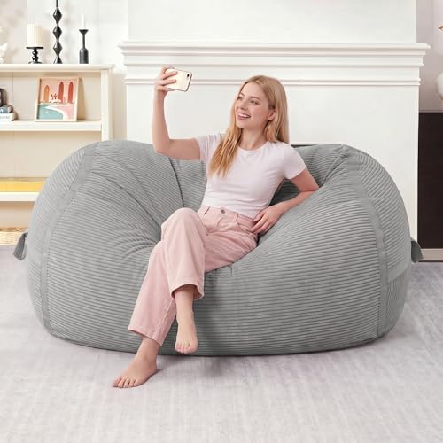 Image of 4FT Bean Bag Chair 4'Big Bean Bag Chairs with Adults, Large Beanbag Chair | Bean bag Lounger with Machine Washable Cover Corduroy Fabric, Comfy Chairs for Living Room Bedroom Dorm, Lightgrey