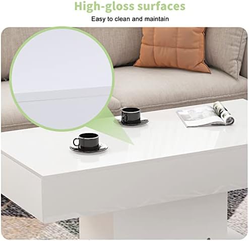 Hironpal LED White Gloss Coffee Table for Living Room High Gloss Coffee Table with 16 LED Light Strip Rectangle Living Room Table Modern Center Table Side Sofa Table
