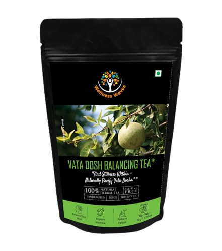 Image of Wellness Waves Vata Dosh Balancing Tea, 100% Natural Herbal, Caffeine Free, with Indian Ginseng, Wood Apple Leaves, 50g, Balance Your Dosh Naturally, GMP Certified