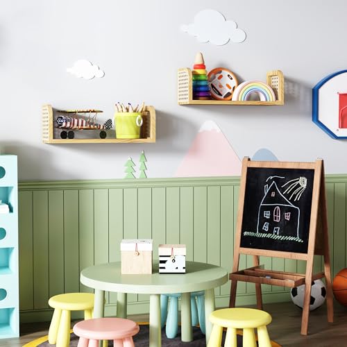 2er Set Rattanregal – Boho Wandregal & Boho Deko, Natürliches Hängeregal für Kinderzimmer, Wohnzimmer & Schlafzimmer, Aufbewahrung für Bücher & Spielzeuge in Natürlicher Holzfarbe – Bild 5