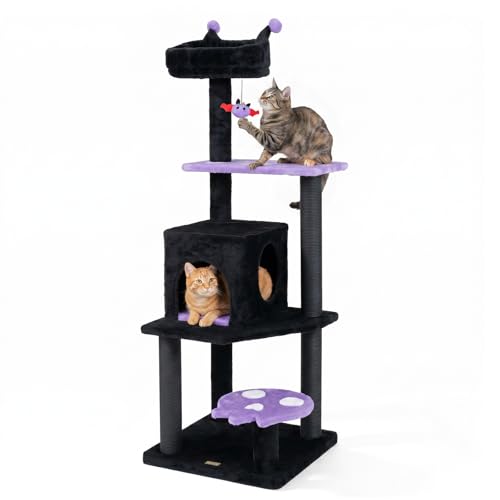 PETSITE 57-inch Gothic Cat Tree Multi-Level Goth Cat Tower with Scratching Posts Bat-Shaped Dangling Ball Comfy Condo and Multiple Perches Black Cat Tree for Indoor Cats and Kittens (Purple)