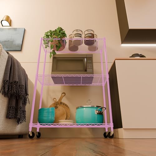 Image of 3-Shelves Wheels Heavy Duty Steel Storage Rack | Multipurpose Shelving Unit for Kitchen, Home & Utility | Pink, 3 Shelves Wheels