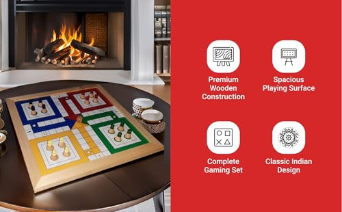Image of CHECK BOX Handicrafts | Wood Framed Ludo Board Game Big Size with Wooden Megnatic Multicolor Coins & Wooden Dice (Laminated Glass Finish) (18x18 Inches, 2, Count)