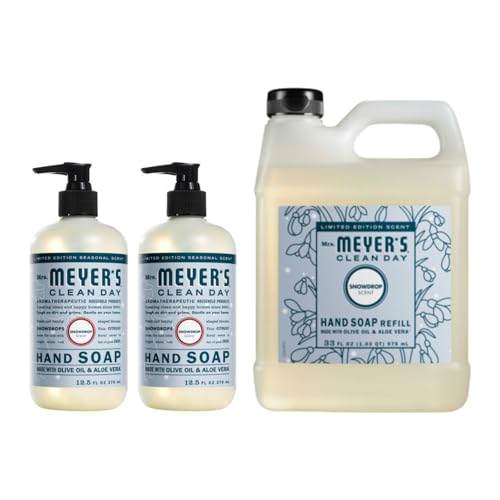 Image of Mrs. MEYER'S Clean Day Liquid Hand Soap 12.5 OZ (2) & Refill 33 OZ, Snow Drop Scent, 1 CT (Variety Pack)