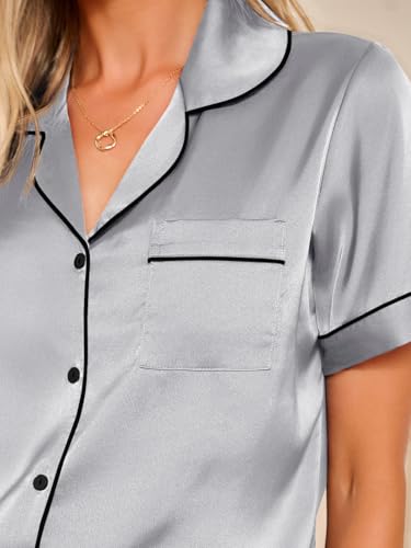 Image of LILLUSORY Silk Satin Pajama Set for Women Summer Two Piece Fall Lounge Pjs | Cozy Matching Sleepwear, Short Sleeve Button Down Shirt and Shorts, Soft Loungewear with Pocket, Cute Trendy Clothing