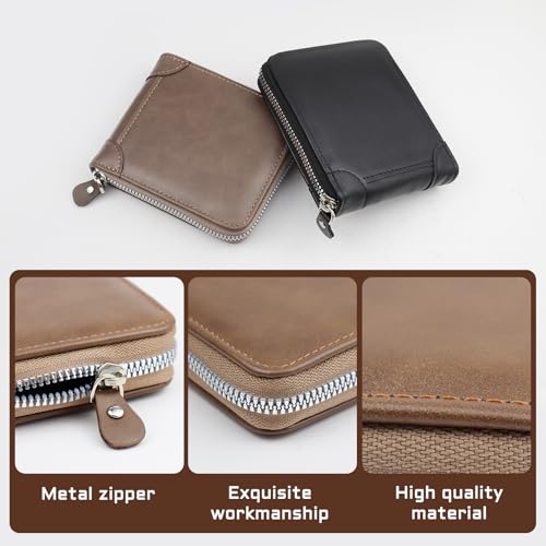 WishLotus Wallets for Men, Leather Mens Wallet with Smooth Zipper, Wallet for Men with Zipper Pocket Cash Credit Slot, Men Wallet for ID Card Cash Bills Coin (Black)3