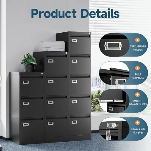 Image of MIIIKO 5 Drawer File Cabinet, Black Vertical Filing Cabinets with Lock, Home Office File Folders Storage Cabinet for Letter Legal File Size.