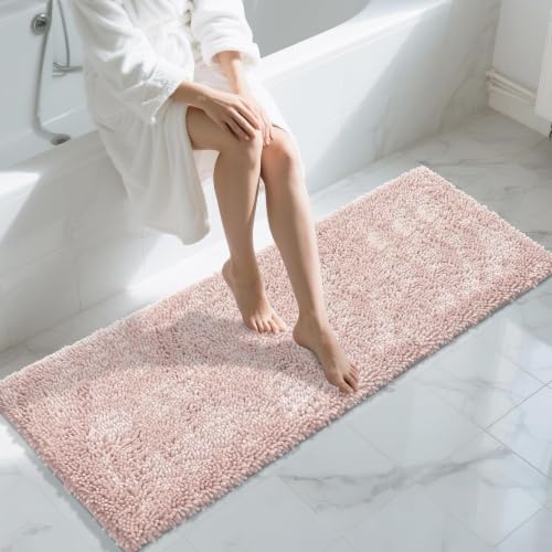 Image of Yimobra Long Bathroom Rugs Runner 60x24 Inch, Extra Thick Soft Absorbent Chenille Bath Mat, Non Slip Machine Washable, Quick Dry Bath Rugs for Bathroom Floor, Tub and Shower, Pink