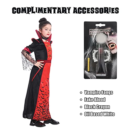 Fooecor Halloween Vampire Costume Set For Girls Gothic Victorian Queen Dress Up Party, Kids Carnival Cosplay, Stage Performances, Role Playing, Vampire-Themed Party With Vampire Fangs, Red Small #TOP2