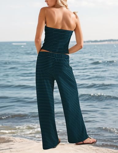 Image of Burtell Summer Striped 2 Piece Lounge Sets For Women Casual Strapless Crop Tube Tops Wide Leg Pants Sets Matching Pajama Sets