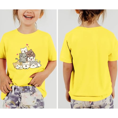 Image of KEEVICI Cute Cartoon Cat Shirts for Girls Kids Graphic Tees Kawaii Animal Pattern T Shirt Cotton Crewneck Summer Loose Tops