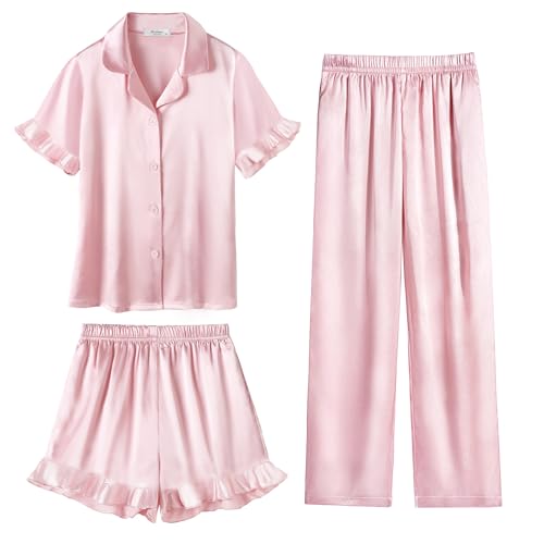 Arshiner Girls Pajamas Sets 3 Piece Silk Pjs Short Sleeve Sleepwear Satin Ruffle Nightwear Lotus Root Pink 7-8 Years