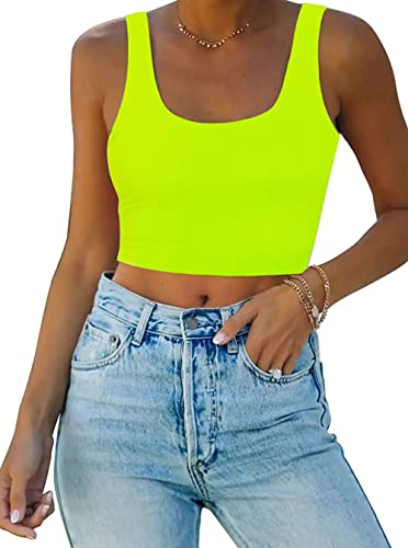 Dexianlai Women's Sleeveless Crop Tank Tops U Neck Workout Fitness Basic Cropped Camis Neon Green L #TOP23