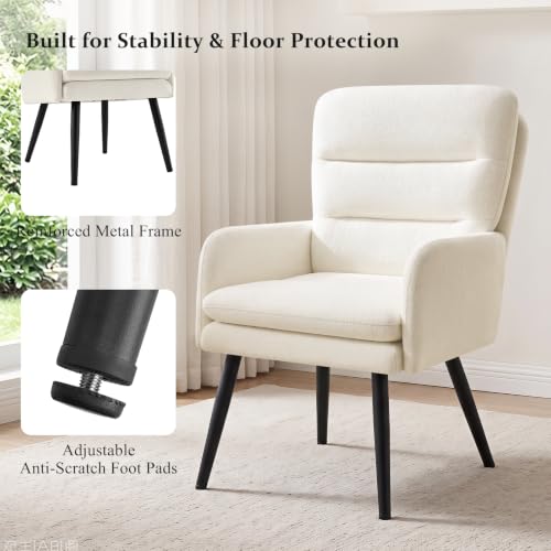 Image of Comfy Accent Chair Set of 2 Modern Boucle Living Room Chair,Beige | Upholstered High Back Armchair with Padded Seat, Cozy Reading Lounge Chair with Black Metal Legs for Bedroom, Small Space