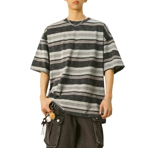 Men's Y2K Striped Baggy T-Shirt Alt Emo Summer Crewneck Short Sleeve Streetwear Top Harajuku Grunge Aesthetic Tees