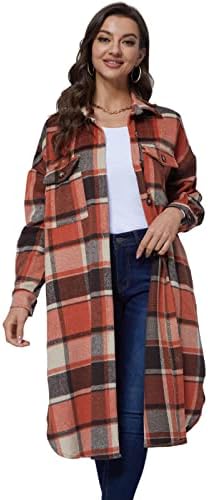 Xaspee Womens Long Plaid Shacket Jacket Casual Fashion Lapel Button Down Long Sleeve Long Plaid Coat with Pockets 4 Xaspee Womens Long Plaid Shacket Jacket Casual Fashion Lapel Button Down Long Sleeve Long Plaid Coat with Pockets