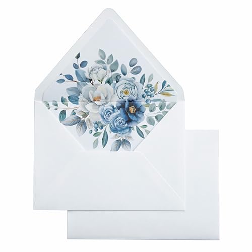 PONATIA 50PCS A7 Euro Flap Envelopes, 5.25 x 7.25'' Liner Envelope For 5x7'' Weddings Invitation Cards, Christmas Gift Cards, Acrylic Invitations, Photos (White & Dusty Blue)