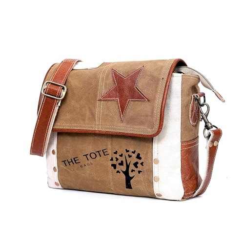 Vintage Canvas Leather Messenger Bag for Men & Women, Crossbody, Shoulder Bag, Satchel 11" with Star Flap Small Travel Use 5