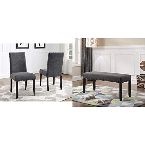 Roundhill Furniture Biony Gray Fabric Dining Chairs with Nailhead Trim, Set of 2 & Biony Fabric Dining Bench with Nailhead Trim, Grey