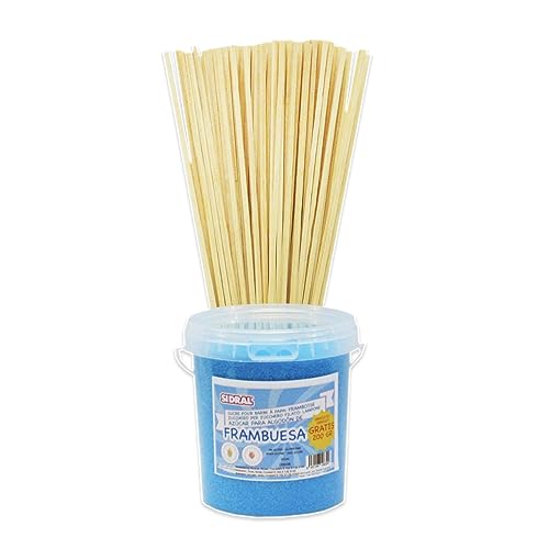 SIDRAL -Azucar para Algodón de Azúcar 1200 gr (200gr. GRATIS) -+ 100 palos reciclables. Azúcar Aromatizado de Frambuesa Natural - Azúcar de Frambuesa con palos para máquina de algodón.