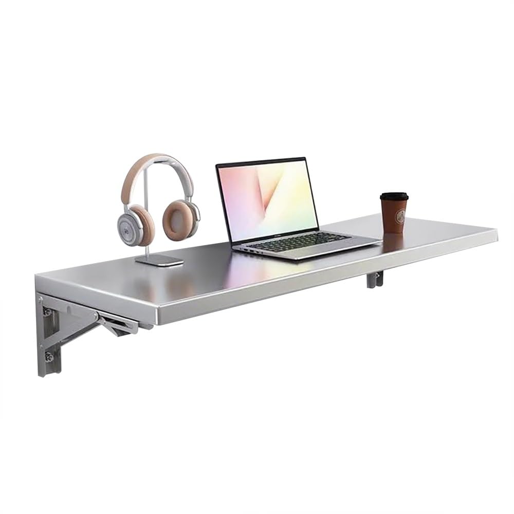 GJZQDKX Stainless Steel Wall-Mounted Folding Table, Multi-Functional Space-Saving Desk, Kitchen Storage Shelf, Floating Workbench for Study, Bedroom, Bathroom, Balcony (80x25cm/32x10in)