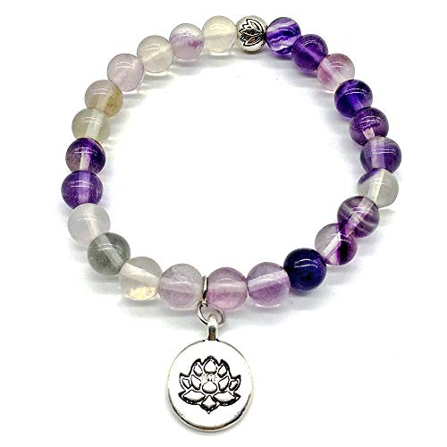 Fluorite & Lotus Flower Charm Bracelet Natural Stones Chakra Cleansing Bracelet Yoga Meditation Bracelet