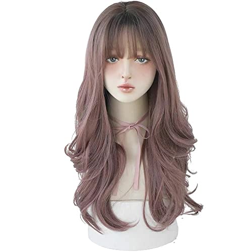 AIKO PRO Chic Korean Fashion 26 Inch Long Wavy Curly Wig, Natural Heat-Resistant Synthetic Hair Wigs with Bands For Cosplay and Daily Wear (Pink Brown)
