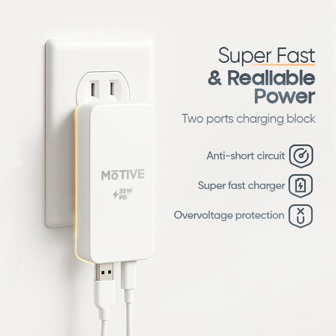 MOTIVE - Bloque de cargador USB C plano de 35 W, cargador súper rápido para Samsung Galaxy S25, S24, S23 y modelos de iPhone, cargador de pared ultrafino, cargador de teléfono con Var