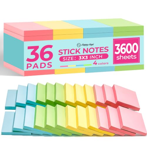 Sticky Notes 3x3 in, 36 Pads, 3600 Sheets, 100 Sheets/Pad, 4 Bright Color
