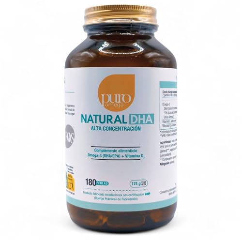 Puro Omega Natural DHA Alta Concentración 180 Perlas de Gelatina de Pescado (Nuevo Envase) - 1130mg Omega-3, DHA 810mg, EPA 190mg, con Vitamina D3 y E - Para Cerebro y Visión