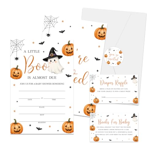 Halloween Baby Shower Invitations, A Little Boo Is Almost Due Ghost Pumpkin Baby Shower Invites, 25 Invitation with Envelopes, Book Request Cards, Diaper Raffle Tickets and Round Stickers -W03