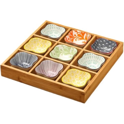 小皿セット 深型 前菜皿 9点セット 盛り鉢 Tasydi 和食小鉢 陶器付き 仕切り竹トレイ付き 醤油皿 火鍋 焼肉 寿司 和食器 食洗機対応 (32.5*32.5*5cm,9* 花の形をした皿)