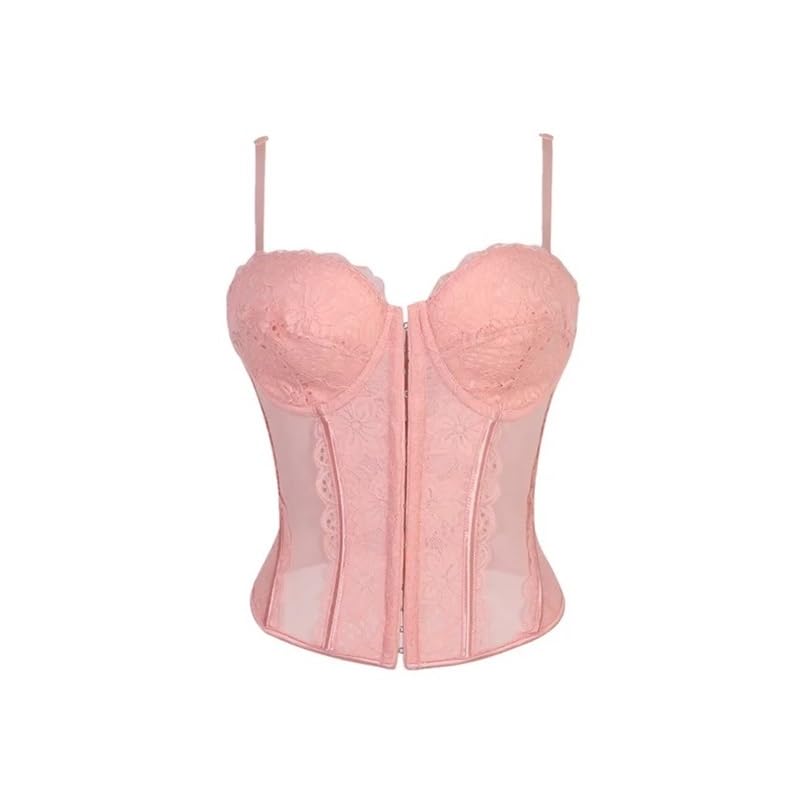 Corsé sexy de tirantes finos for mujer, con encaje floral, sujetador tipo bustier, camisola, lencería moldeadora, corsé reductor, top sin mangas(Pink,M)
