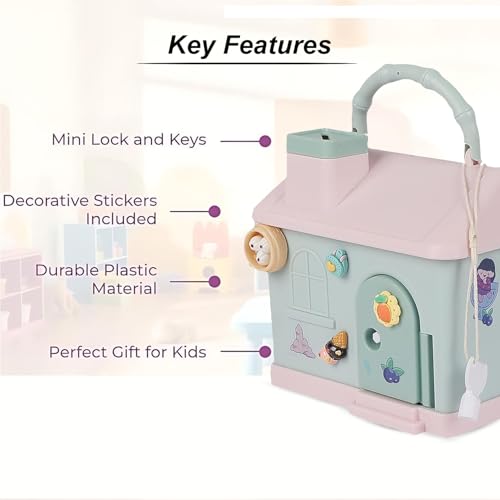 Image of Cute Toy House Money Coin Box with 3D Sticker Metal Piggy Bank with Secure Lock & Keys for Kids, House Shaped Money Saving Coin Collection Box for Girls (Pack of 1, Multicolour) (Design-2)