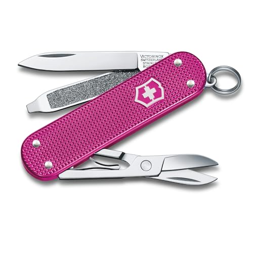 Image of Victorinox Classic SD Alox Swiss Army Knife, Compact, 5 Functions, Swiss Made Pocket Knife with Small Blade, Screwdriver and Key Ring - Flamingo Party (Pink)