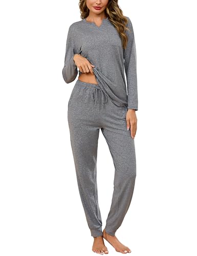 Bresdk Pyjama Damen Lang Winter Hausanzug V-Ausschnitt Zweiteiliger Nachtwäsche für Frauen Grau M