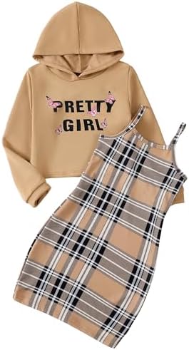 YOURUIKEY Girls 2 Piece Outfits Cami Dresses Hoodie Clothing Set Brown Plaid Bodycon Dress Crop Top Sweatshirt Girls Clothes Size 7-8